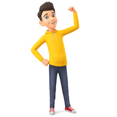 Sticker - Cartoon character cheerful guy shows strength. 3d render illustration.