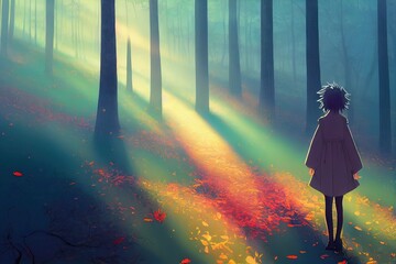 Sticker - Concept art illustration of enchanted autumn scenery in dreamy colors showing a forest path with the sun behind a tree casting beautiful rays through wafts of mist