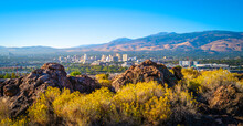Reno Autumn City Skyline Over Nuttall’s Rayless-Goldenrod Flowers And Red Rock Hill In The State Capital Of Nevada, Aerial View Of The Arid Landscape Of The Desert City