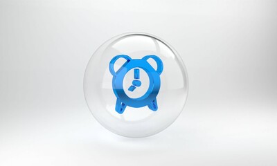 Poster - Blue Alarm clock icon isolated on grey background. Wake up, get up concept. Time sign. Glass circle button. 3D render illustration
