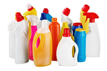 Wall Mural - Plastic bottles and cleaning equipment on white background