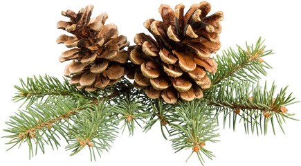Wall Mural - two pine cones with branch on a white background.