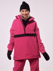 Skier happy caucasian satisfied smiling woman 20s wear warm padded windbreaker jacket ski.