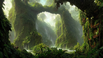 Wild jungle forest. Fantasy forest landscape. 3D illustration