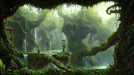 Wild jungle forest. Fantasy forest landscape. 3D illustration