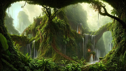 Wild jungle forest. Fantasy forest landscape. 3D illustration