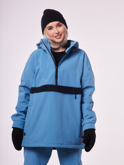 Skier happy caucasian satisfied smiling woman 20s wear warm padded windbreaker jacket ski.