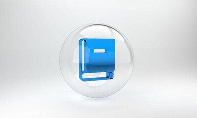 Blue Science book icon isolated on grey background. Glass circle button. 3D render illustration