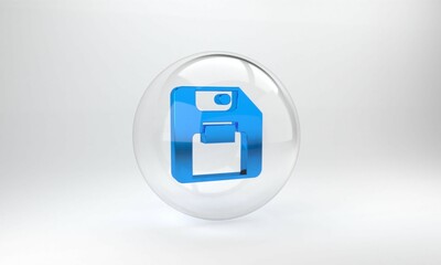 Poster - Blue Floppy disk for computer data storage icon isolated on grey background. Diskette sign. Glass circle button. 3D render illustration