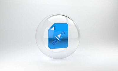Poster - Blue Note paper with pinned pushbutton icon isolated on grey background. Memo paper sign. Glass circle button. 3D render illustration
