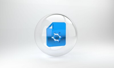 Poster - Blue Document settings with gears icon isolated on grey background. Software update, transfer protocol, teamwork tool management. Glass circle button. 3D render illustration