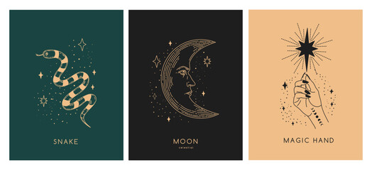 Wall Mural - set of linear vector illustrations. hand drawn magical illustrations depicting moon, snake, hands. d
