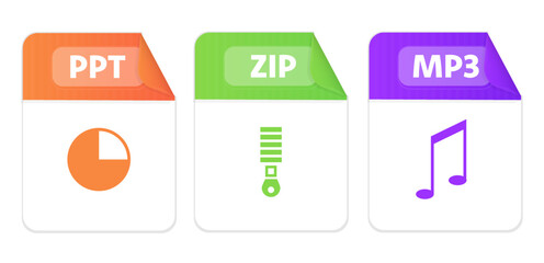 Poster - File type icons. Set of ppt, zip, mp3. Collection colored icons for download on computer. Graphic templates for ui. Document types in flat style. Vector illustration