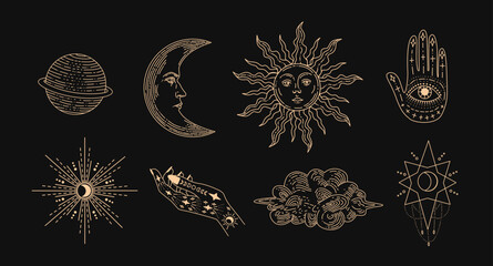 Set of linear vector illustrations. Hand drawn celestial illustrations depicting the sun, moon, planet, clouds. design elements for decoration in a modern style. magic drawings.