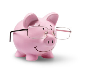  Piggy bank in glasses on background
