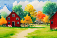 Hand Drawn Watercolor Painting Of Autumn Cottage Scenery Painting. Landscape Painting With White Building, Red Barn,house, Trees, Garden,grass,plants,fence,gazebo, Flowers And Sunny Blue Sky For Print