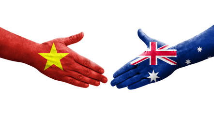 Wall Mural - Handshake between Australia and Vietnam flags painted on hands, isolated transparent image.