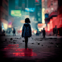 Back Facing Little Girl  Looking At Night Neon Cyberpunk Street AI Neural Network Computer Generated Art