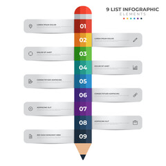 colorful pencil diagram infographic element template, vertical row layout diagram with 9 list of steps