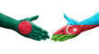 Handshake between Azerbaijan and Bangladesh flags painted on hands, isolated transparent image.