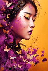 A fictional person, not based on a real person. Abstract colorful portrait of a pretty geisha with beautiful makeup and butterflies. Fashionable cute woman. Creative beautiful girl. 3d rendering