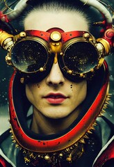 Wall Mural - A fictional person, not based on a real person. Abstract portrait of a fantasy steampunk man. High-tech futuristic man. Concept of virtual reality and steampunk. 3D rendering.