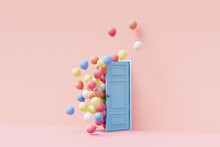 3D Render Of Colorful Balloons Floating Through Blue Door 