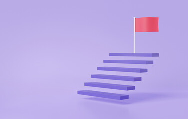 Poster - 3D staircase strategy step by step growth of business, Red flag target successful concept. achievement performance champion Minimal cartoon on pastel background. 3d rendering illustration