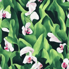 Wall Mural - Abstract Painting of Orchid Flowers with Green Leaves – Seamless Pattern