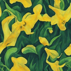 Wall Mural - Abstract Painting of Yellow Orchid Flowers with Green Leaves – Seamless Pattern