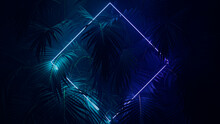 Trendy Background Design. Tropical Plants With Purple And Green, Diamond Shaped Neon Frame.