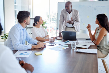 Poster - Black man, laptop or business meeting speaker in presentation, strategy planning or digital marketing global office boardroom. Talking manager, mentor and leadership in teamwork collaboration on tech