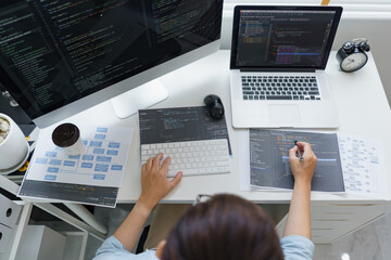 software development concept, male programmer pointing on data code to checking website programming