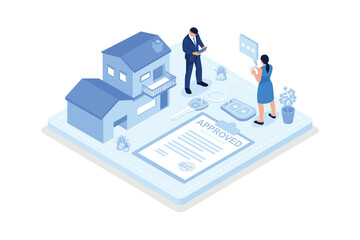 Wall Mural - Mortgage process, People buying property with mortgage, isometric vector modern illustration