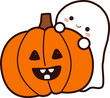 Happy Halloween. Cute pumpkin and little ghost.