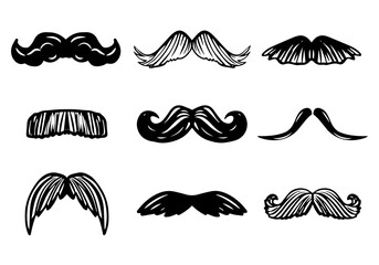 set of hand drawn doodle sketch of mustaches of different shapes and types. handsome man accessory