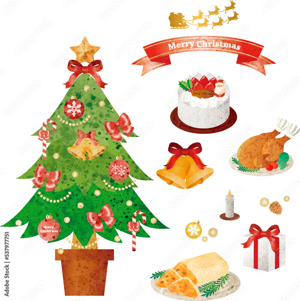 クリスマスのイラスト素材セット 飾り クリスマスツリー ローストチキン ケーキ プレゼント 水彩 素材 Stock Illustration |  Adobe Stock, image size:999x1000