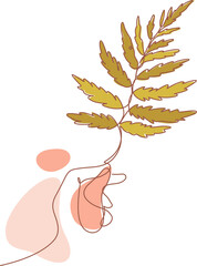 Wall Mural - continuous line drawing of hand and fern leaf illustration.