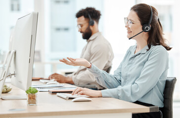 Poster - Woman, call center and smile at computer for customer support, crm or help in phone call. Consultant, agent or worker is happy for consulting at customer service, telemarketing or support job with pc