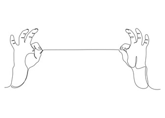 Poster - One continuous line drawing of two hand holding a string. Thin Line Illustration vector concept. Contour Drawing Creative ideas.