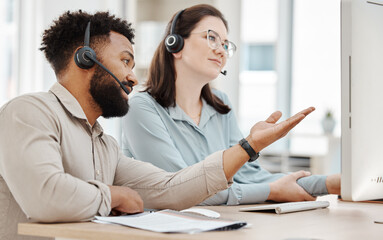 Poster - Call center staff teaching sales consultant, telemarketing employees and crm customer service workers on computer software in office agency. Business people training, coaching and consulting solution