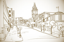 Old City Street In Hand Drawn Line Sketch Style. Urban Romantic Landscape. San Francisco, California, USA. Sepia Illustration On White Background