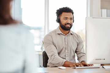 Poster - Call center, customer service and telemarketing with a man consultant working on a computer in the office. Crm, contact us and sales with a male support agent at work or consulting on a headset