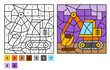 Vector coloring page for children education and activities. Puzzle game color by number excavator