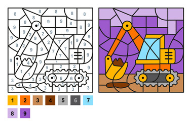 Wall Mural - Vector coloring page for children education and activities. Puzzle game color by number excavator