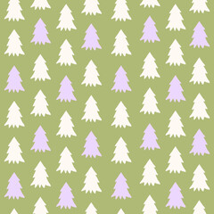 Poster - Winter forest scandinavian minimal seamless pattern with fir tree on a green background. Trendy print for wrapping paper, design, fabric, decor. Pastel colors.  Vector illustration