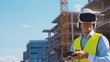 © Acronym - Professional drone operator in virtual reality helmet standing in front of construction site. Builder holding remote controller. Office building and crane background.
