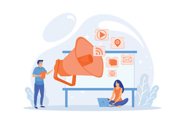 Wall Mural - Marketing team work and huge megaphone with media icons. Marketing and branding, billboard and ad, marketing strategies concept on white background, flat vector modern illustration