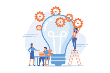 Wall Mural - Business team putting gears on big lightbulb. New idea engineering, business model innovation and design thinking concept on white background, flat vector modern illustration