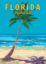 Retro Poster Florida Beach. Palm On The Beach, Coast, Surf, Ocean. Vector Illustration Vintage